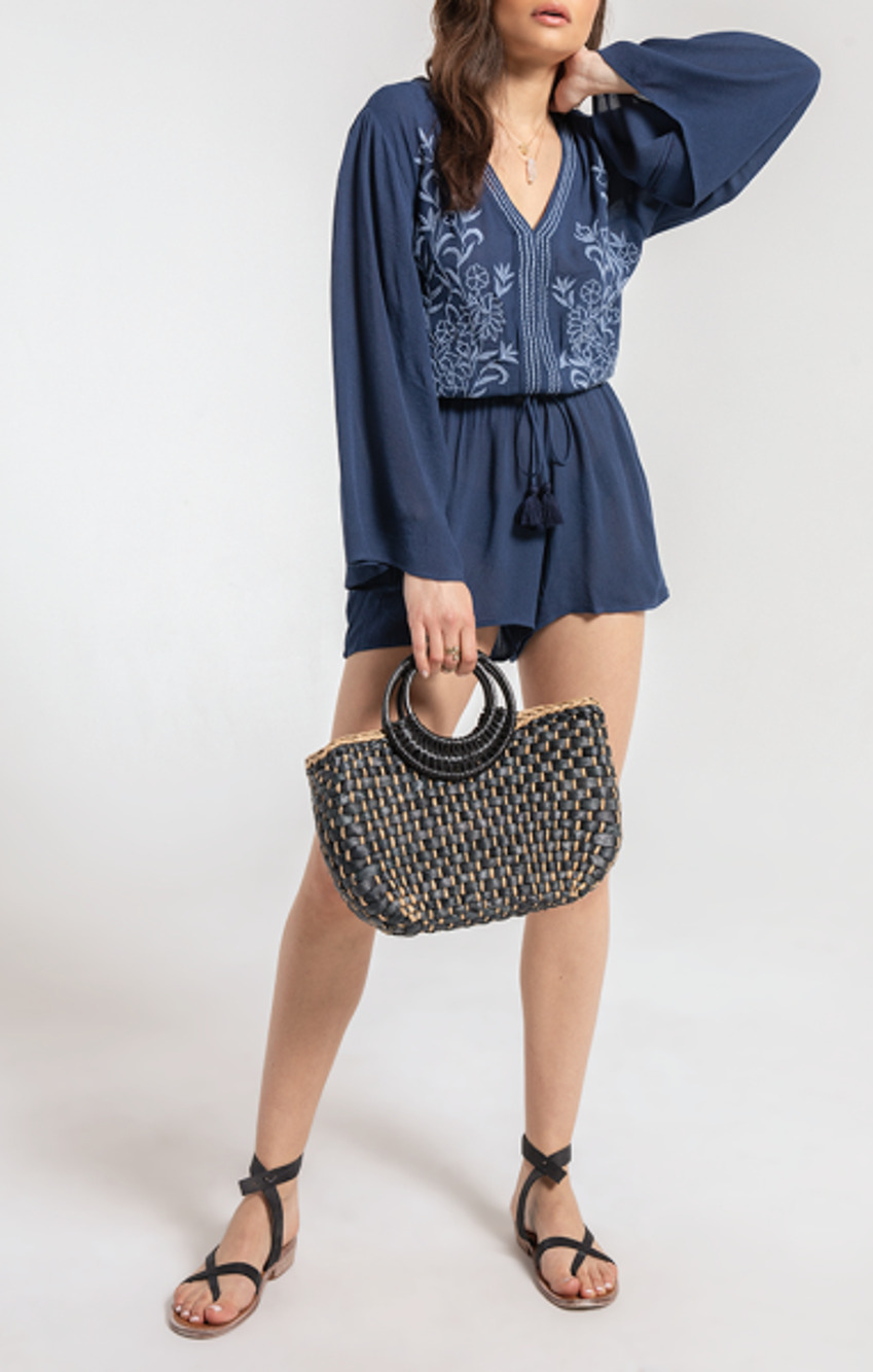 White Crow Clothing NWT Blue Crinkle Flora Embroidered Boho Romper SZ S